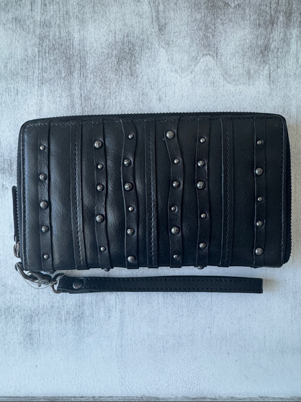 VILENCA Holland Leather Large Zip Around Stripe Stud Wallet Wristlet Black